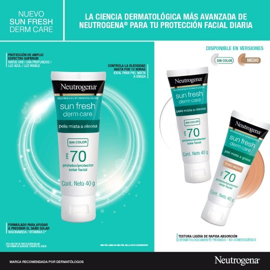 image-¡Los nuevos protectores solares  NEUTROGENA SUN FRESH™ Derm Care con FPS 70, controlan la oleosidad hasta por 12 horas y están disponibles en versión tono medio y sin color!